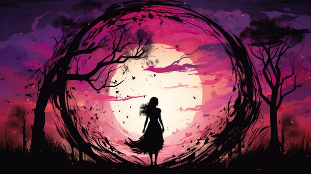 silhouette of woman walking through a circular tree Digital concept illustration painting