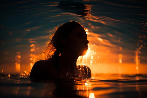 the silhouette of a woman in the water at sunset