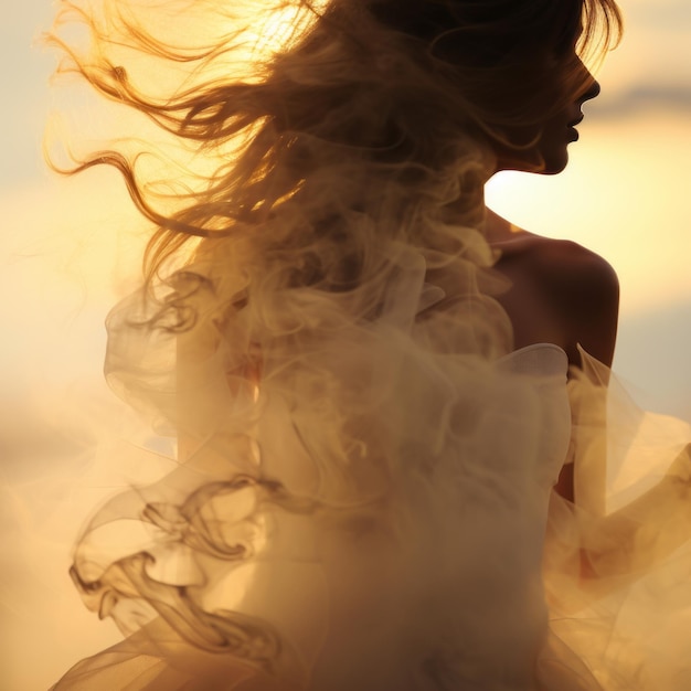 The silhouette of a woman in a wedding dress with smoke coming out of her hair