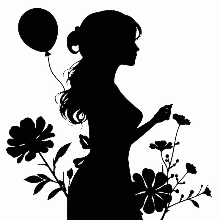 Photo silhouette of a woman with a balloon and flowers black color silhouette on a whit background
