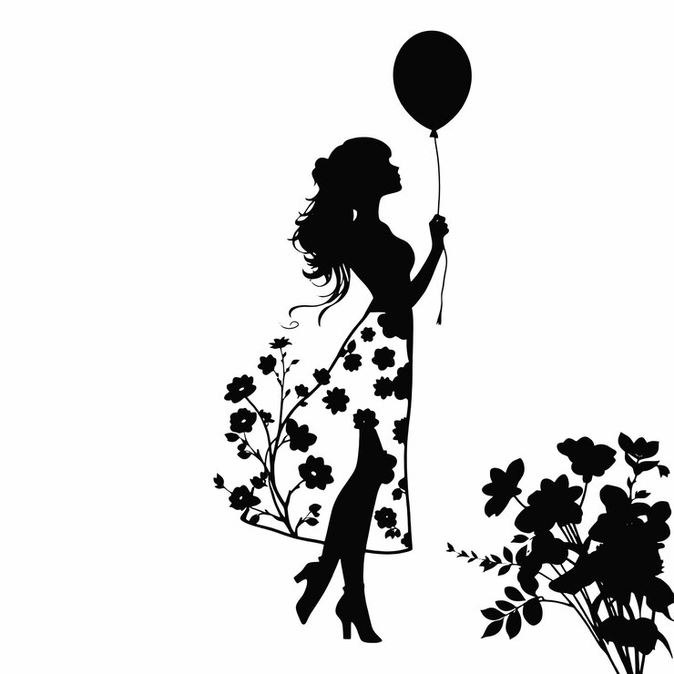 Photo silhouette of a woman with a balloon and flowers black color silhouette on a whit background