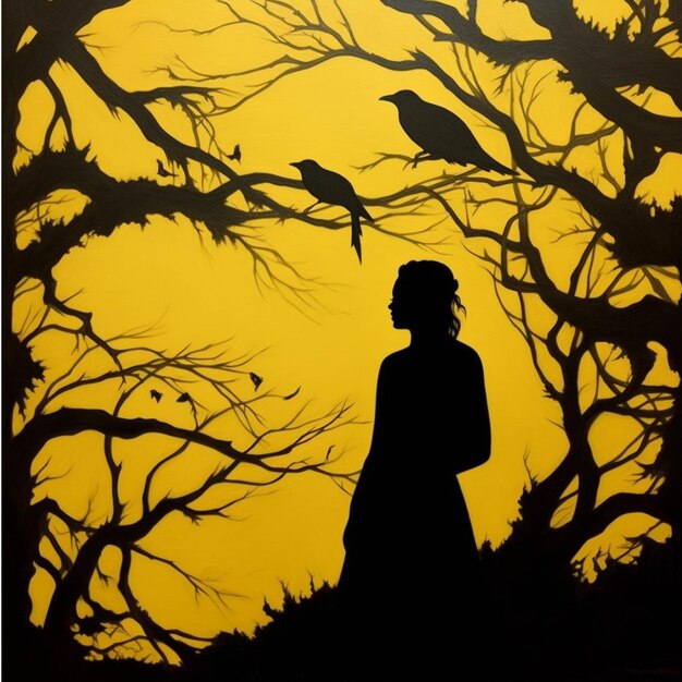 Silhouette of a woman with a bird in her hand Halloween background