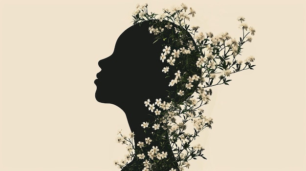 꽃 으로 장식 된 머리 를 가진 여자 의 실루