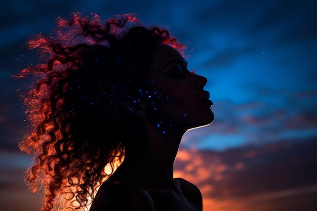 the silhouette of a woman with glowing blue hair