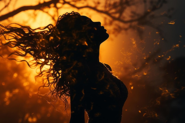 Silhouette of a woman with her hair blowing in the wind