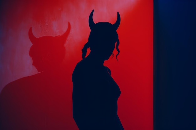 Photo silhouette of a woman with horns and devil horns in red and blue