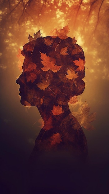 A silhouette of a woman with leaves on it