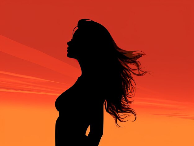 silhouette of a woman with long hair against an orange sky