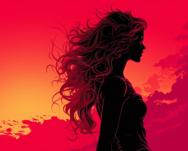 Silhouette of a woman with long hair against a sunset sky