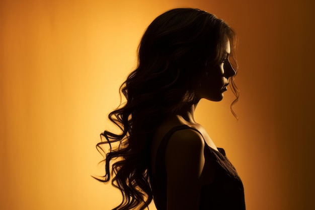 silhouette of a woman with long hair in front of neon lights