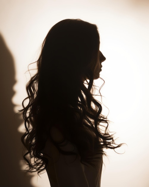 silhouette of a woman with long hair in front of a white background