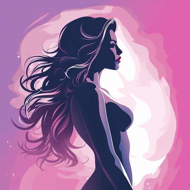 Silhouette of a woman with long hair on a pink and purple background