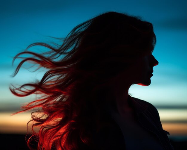 The silhouette of a woman with red hair blowing in the wind