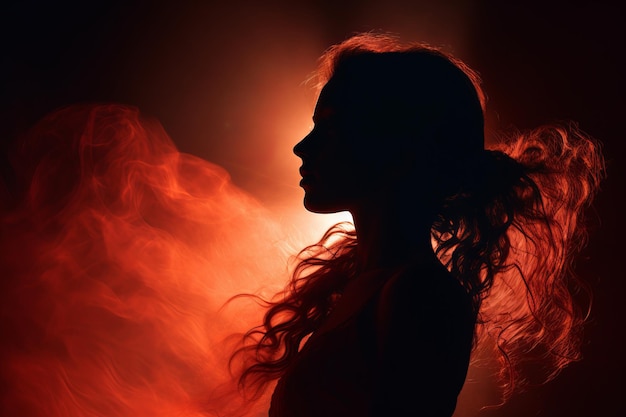 the silhouette of a woman with red smoke coming out of her hair