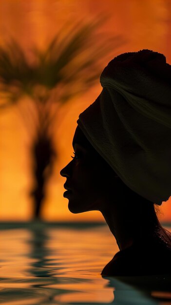 Foto silhouette di una donna con un asciugamano a testa di turbante al tramonto vicino alla piscina serenità e relax spa