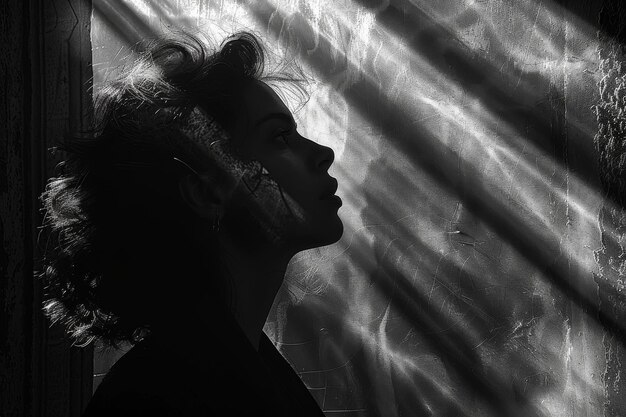 Silhouette of a woman with windswept hair against sunlit curtains