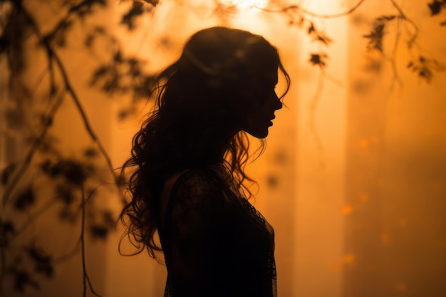 the silhouette of a woman in the woods at sunset