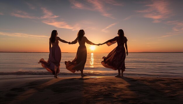 Silhouette of womans having fun on the sea beach