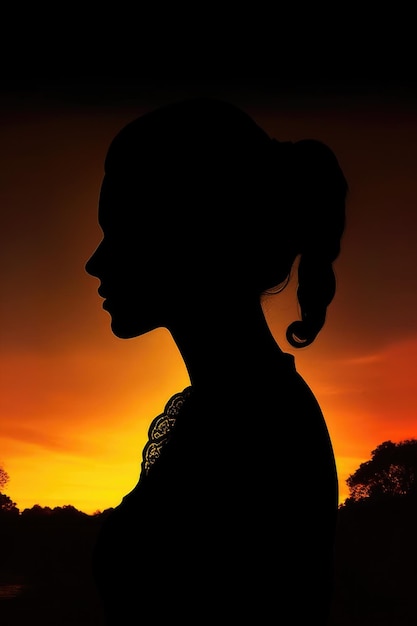 Silhouette of a womans profile against sunset created with generative ai