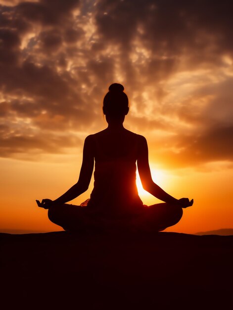 Photo a silhouette women doing yoga meditation in vrikshasana pose against sunset sky in mountain