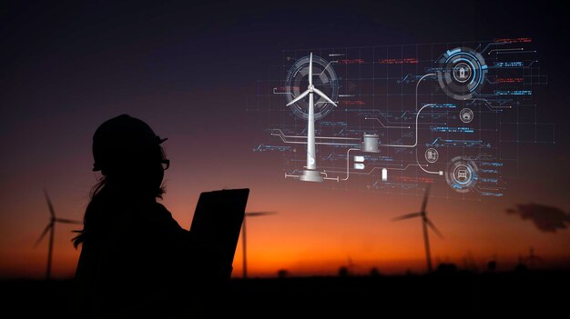 Photo silhouette of women engineer working and holding the report at wind turbine farm power generator station on mountainthailand people