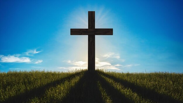 Photo silhouette of wooden cross in a grassy field with a blue sky in the background in a vertical shot