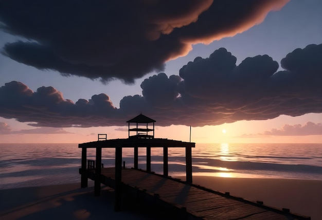 Photo silhouette of a wooden pier and a small boat on a beach during sunset with dark clouds in the sky