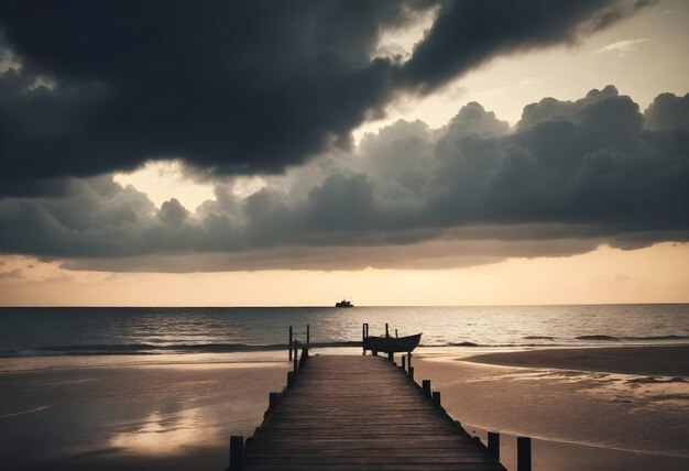 Photo silhouette of a wooden pier and a small boat on a beach during sunset with dark clouds in the sky