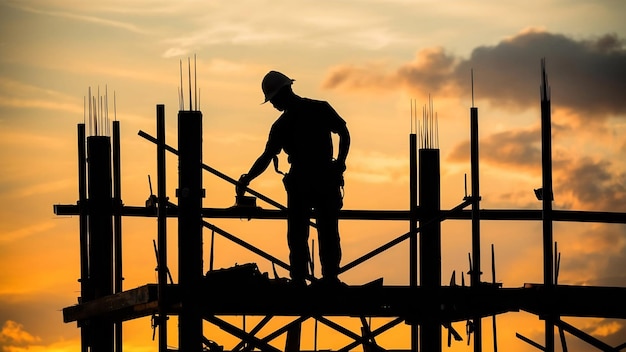 Silhouette of worker construction building casting concrete work on scaffolding