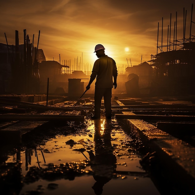 Silhouette of a Worker at Construction Site