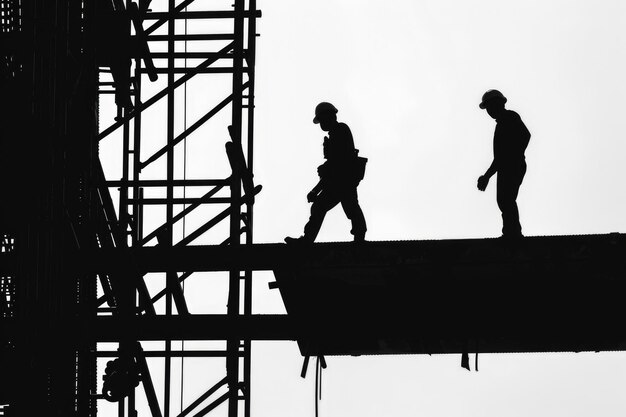 Foto la silhouette dei lavoratori sullo sfondo della costruzione