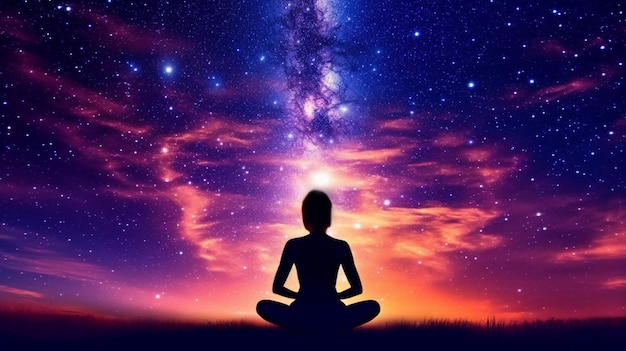 Silhouette yoga the cosmos nebulas healing human body energy beams and Generative AI