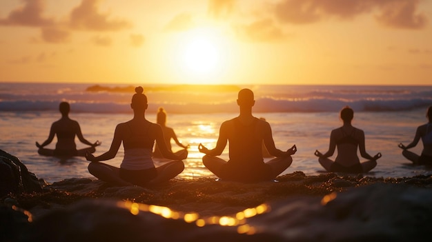 Photo silhouette of yoga group at sunset