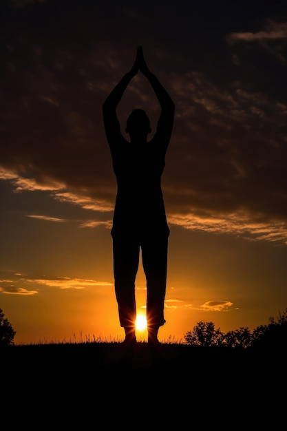 Foto silhouette di una posa yoga sullo sfondo di un tramonto creato con l'ia generativa