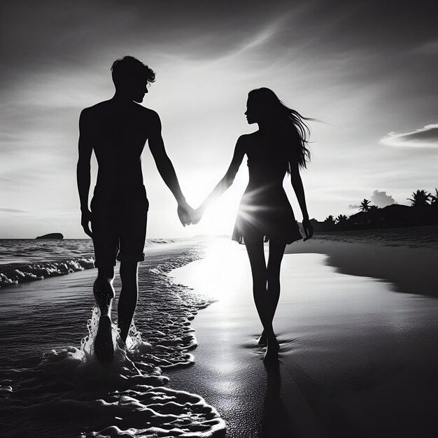 Silhouette of a Young Couple on the Beach at Sunset