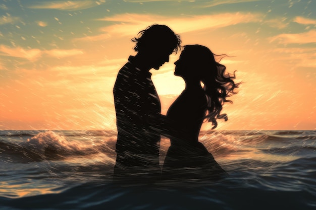 Silhouette of a young couple kissing in the sea at sunset Silhouette of a couple in love emerging from the ocean a summer feeling AI Generated