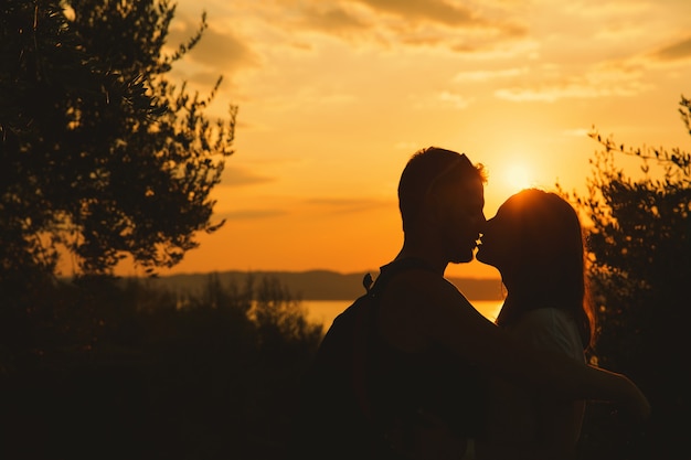 イタリアのガルダ湖で夕日にキスをする若いカップルのシルエット。