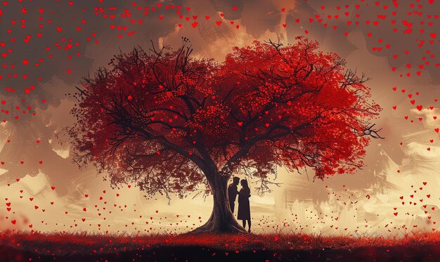 Silhouette of young couple in love under giant tree with red heartshaped leaves