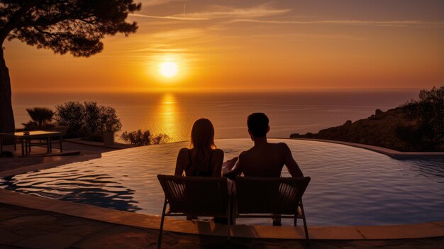 Silhouette of a young couple on vacation at a resort