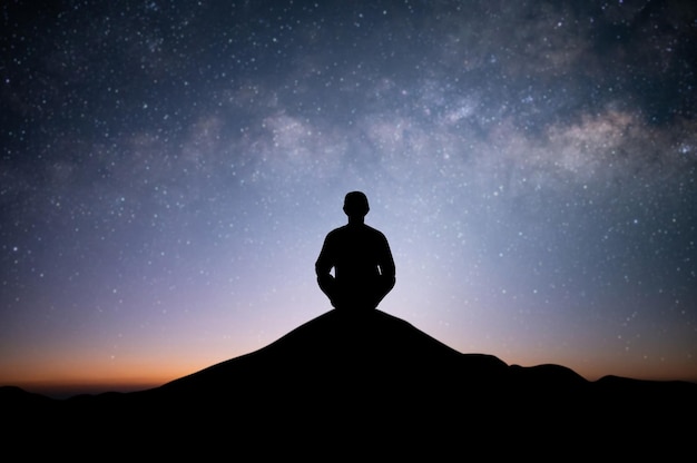 Silhouette of young female sitting practices yoga and\
meditating in lotus position alone on top of the mountain with\
beautiful night sky star and milky way she felt calm and happy