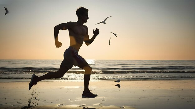 Silhouette of a young fitness man running on sunrise