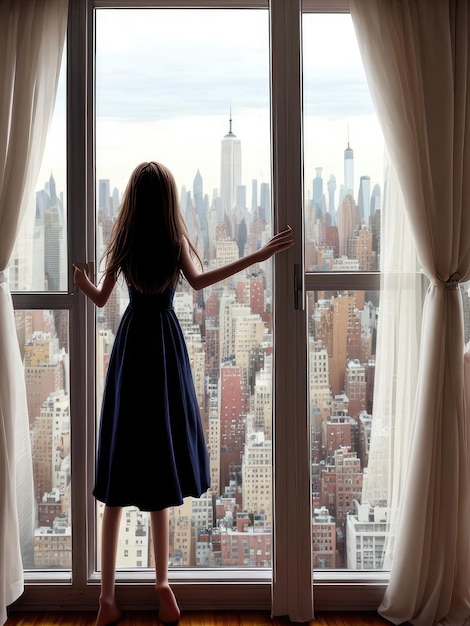 Silhouette of a young girl in a black dress by the window