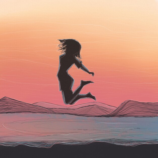 Photo silhouette of a young girl in a jump on the beachhand drawn illustration