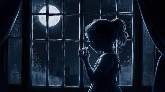 Силуэт молодой девушки, которая парфюмирует перед окном в темноте