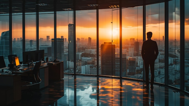 Silhouette of young intelligent man managing director resting after late business meeting while standing near big office window background with copy space Ai generated