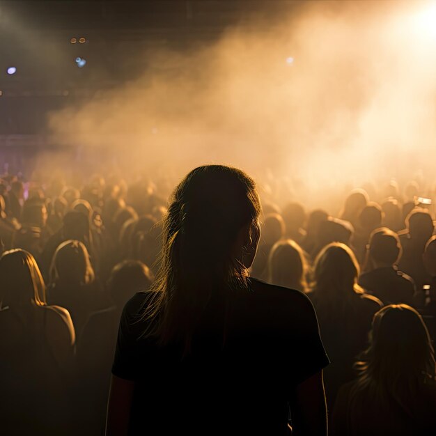 Foto silhouette di una giovane donna nella folla durante un concerto