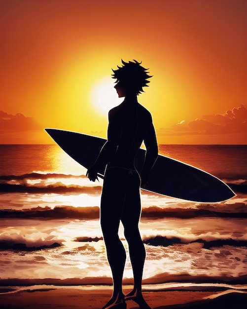 Silhouette of young male surfer with surfboard standing at the beach and looking at summer sunset on the horizon generative ai illustration