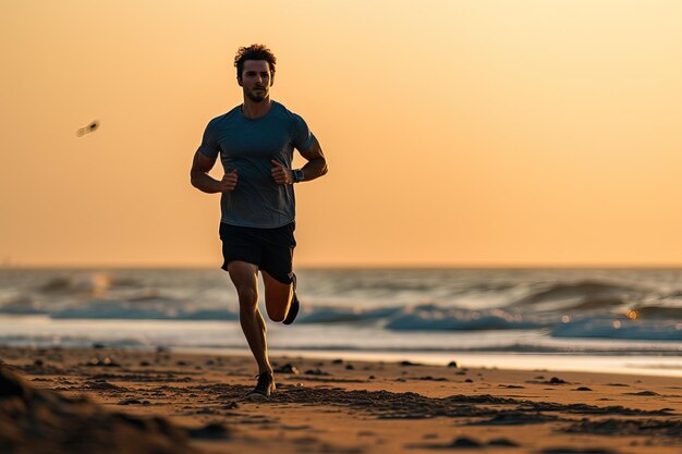 Silhouette of a young man running on the beach during sunset Running workout Breath of the sea and the fresh breeze are the best soothing after a busy day