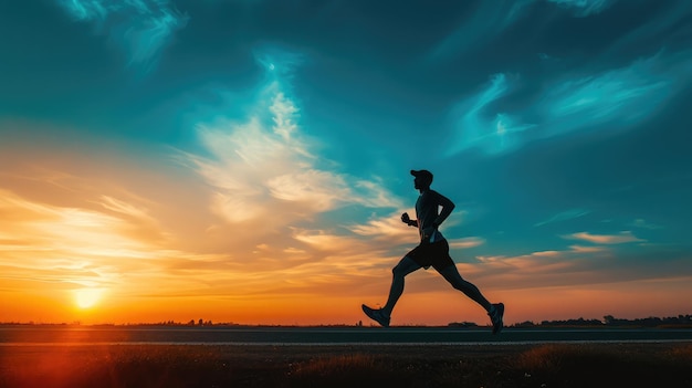 Silhouette of young man running sprinting on road Fit runner fitness runner during outdoor workout with sunset background