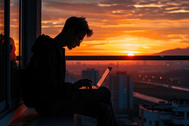 Silhouette of young man with laptop